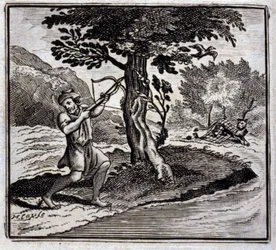 Løven og rotten. Fabler af Jean de La Fontaine (1621-95). Illustration af Francois Chauveau (1613-1676). Udgave af 1728.