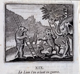 Løven går i krig. Fabler af Jean de La Fontaine (1621-95). Illustration af Francois Chauveau (1613-1676). Udgave af 1728.