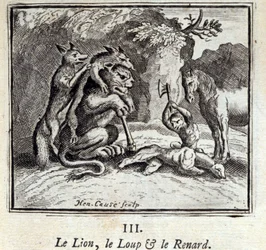 Løven, ulven og ræven. Fabler af Jean de La Fontaine (1621-95). Illustration af François Chauveau (1613-1676). Udgave af 1728.