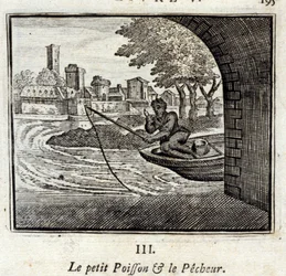Den lille fisk og fiskeren. Fabler af Jean de La Fontaine (1621-95). Illustration af François Chauveau (1613-1676). Udgave af 1728.