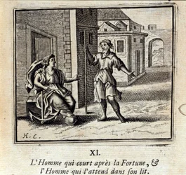 Manden, der løber efter Fortune og Manden, der venter på ham i sengen. Fabler af Jean de La Fontaine (1621-95). Illustration af François Chauveau (1613-1676). Udgave af 1728.