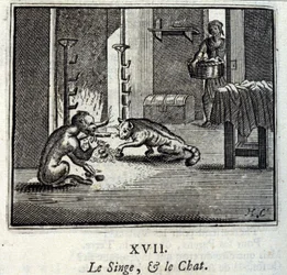 Aben og Katten. Fabler af Jean de La Fontaine (1621-95). Illustration af Francois Chauveau (1613-1676). Udgave af 1728.