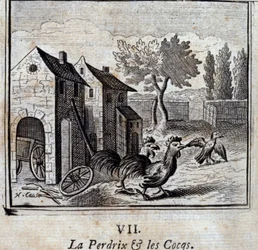 Agerhønen og hanerne. Fabler af Jean de La Fontaine (1621-95). Illustration af François Chauveau (1613-1676). Udgave fra 1728.