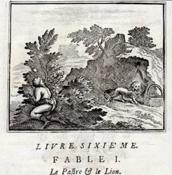 Patraen og Løven. Fabler af Jean de La Fontaine (1621-95). Illustration af François Chauveau (1613-1676). Udgave af 1728.