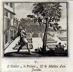 Pedantskolen og en havemester. Fabler af Jean de La Fontaine (1621-95). Illustration af François Chauveau (1613-1676). Udgave af 1728.