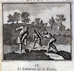Ploureuren og hans børn. Fabler af Jean de La Fontaine (1621-95). Illustration af Francois Chauveau (1613-1676). Udgave af 1728.