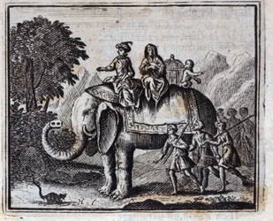 Rotten og elefanten. Fabler af Jean de La Fontaine (1621-95). Illustration af François Chauveau (1613-1676). Udgave af 1728.