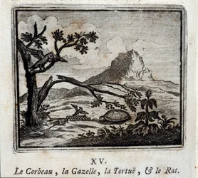 Ravnen, gazellen, skildpadden og rotten. Fabler af Jean de La Fontaine (1621-95). Illustration af François Chauveau (1613-1676). Udgave fra 1728.