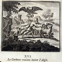 Ravnen ønsker at efterligne ørnen. Fabler af Jean de La Fontaine (1621-95). Illustration af François Chauveau (1613-1676). Udgave af 1728.