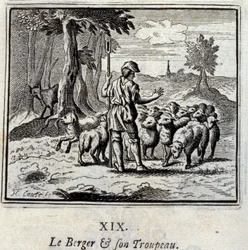 Hyrden og hans flok. Fabler af Jean de La Fontaine (1621-95). Illustration af François Chauveau (1613-1676). Udgave af 1728.