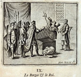 Hyrden og kongen. Fabler af Jean de La Fontaine (1621-95). Illustration af François Chauveau (1613-1676). Udgave af 1728.