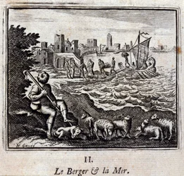 Hyrden og havet. Fabler af Jean de La Fontaine (1621-95). Illustration af François Chauveau (1613-1676). Udgave af 1728.