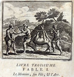Sugeren hans søn og æslet. Fabler af Jean de La Fontaine (1621-95). Illustration af François Chauveau (1613-1676). Udgave af 1728.