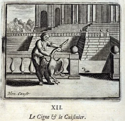 Svanen og Kokken. Fabler af Jean de La Fontaine (1621-95). Illustration af Francois Chauveau (1613-1676). Udgave af 1728.