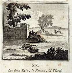 De to rotter, ræven og ægget. Fabler af Jean de La Fontaine (1621-95). Illustration af François Chauveau (1613-1676). Udgave af 1728.