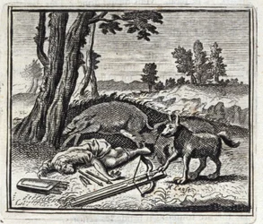 Ulven og jægeren. Fabler af Jean de La Fontaine (1621-95). Illustration af François Chauveau (1613-1676). Udgave af 1728.