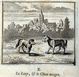 Ulven og den magre hund. Fabler af Jean de La Fontaine (1621-95). Illustration af François Chauveau (1613-1676). Udgave af 1728.