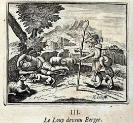 Ulven blev til Berger.Fables af Jean de La Fontaine (1621-95). Illustration af François Chauveau (1613-1676). Udgave af 1728.