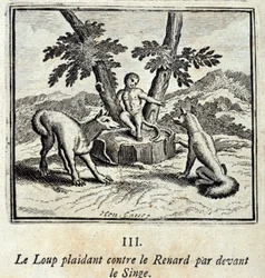 Ulven, der taler mod ræven foran aben. Fabler af Jean de La Fontaine (1621-95). Illustration af François Chauveau (1613-1676). Udgave fra 1728.