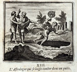 Astrologen, der falder ned i en brønd. Fabler af Jean de La Fontaine (1621-95). Illustration af François Chauveau (1613-1676). Udgave af 1728.