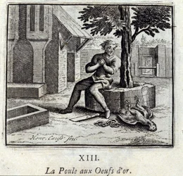 Kyllingen med gyldne æg. Fabler af Jean de La Fontaine (1621-95). Illustration af François Chauveau (1613-1676). Udgave af 1728.
