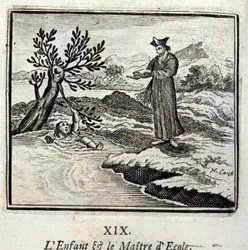 Barnet og skolemesteren. Fabler af Jean de La Fontaine (1621-95). Illustration af François Chauveau (1613-1676). Udgave af 1728.