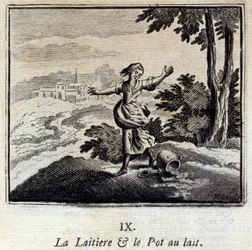 Mejeriet og mælkekrukken. Fabler af Jean de La Fontaine (1621-95). Illustration af François Chauveau (1613-1676). Udgave fra 1728.