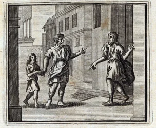 Depositaren er vantro. Fabler af Jean de La Fontaine (1621-95). Illustration af François Chauveau (1613-1676). Udgave af 1728.