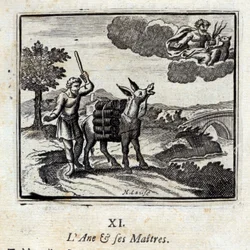 Æslet og dets herrer. Fabler af Jean de La Fontaine (1621-95). Illustration af François Chauveau (1613-1676). Udgave fra 1728.