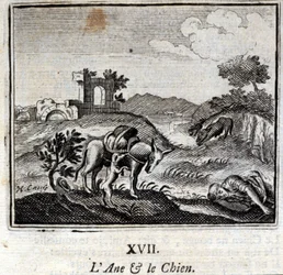 Æslet og hunden. Fabler af Jean de La Fontaine (1621-95). Illustration af François Chauveau (1613-1676). Udgave fra 1728.