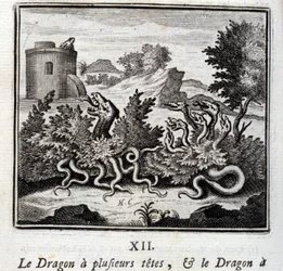 Dragen har flere hoveder, og dragen har flere haler. Fabler af Jean de La Fontaine (1621-95). Illustration af François Chauveau (1613-1676). Udgave fra 1728.