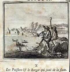 Fisken og hyrden spiller på fløjte. Fabler af Jean de La Fontaine (1621-95). Illustration af François Chauveau (1613-1676). Udgave af 1728.