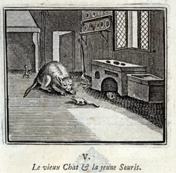 Den gamle kat og den unge mus. Fabler af Jean de La Fontaine (1621-95). Illustration af François Chauveau (1613-1676). Udgave af 1728.