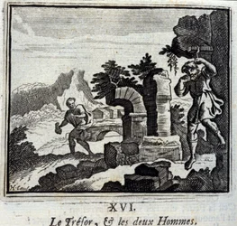 Skatmesteren og de to mænd. Fabler af Jean de La Fontaine (1621-95). Illustration af François Chauveau (1613-1676). Udgave af 1728.