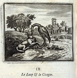 Ulven og storken. Fabler af Jean de La Fontaine (1621-95). Illustration af François Chauveau (1613-1676). Udgave af 1728.
