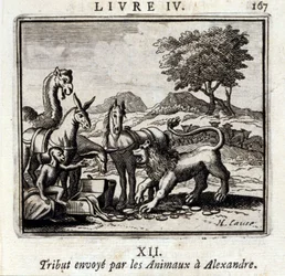 Hyldest sendt af Dyrene til Alexander. Fabler af Jean de La Fontaine (1621-95). Illustration af François Chauveau (1613-1676). Udgave af 1728.