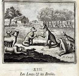 Ulve og får. Fabler af Jean de La Fontaine (1621-95). Illustration af Francois Chauveau (1613-1676). Udgave af 1728.