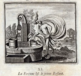 formuen og det unge barn. Fabler af Jean de La Fontaine (1621-95). Illustration af François Chauveau (1613-1676). Udgave af 1728.