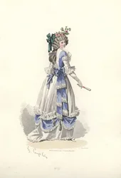 Kvinde i kjole med båndflæser, Marie Antoinettes æra.