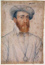 Portræt af Francois de Coligny, herre over Andelot (1521 - 1569). Tegning af blod og sort sten af Clouet Francois (1515-1572)