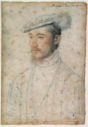 Portræt af François de Lorraine, hertug af Guise (1520 - 1563). Tegning af blod og sort sten af Clouet Francois (1515-1572)