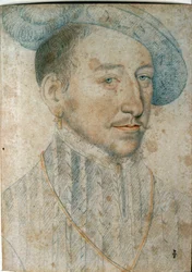 Portræt af Henrik II (1519 - 1559), konge af Frankrig. Tegning med sort sten og blod af Francois Clouet (1515-1572)