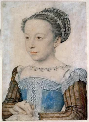 Portræt af Marguerite de Valois (1553-1615) eller Dronning Margot Tegning i blyant og blod af Francois Clouet (ca. 1515-1572) 1500-tallets søn. 0,29 X 0,21 m Chantilly, Musee Conde