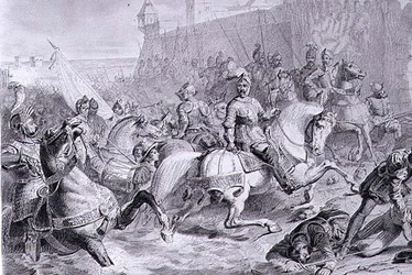 The Take of Calais af Frans, 2. hertug af Guise (1519-63) i 1558, indgraveret af Amedee Felix Barthelemy Geilee (1802-43) (gravering)