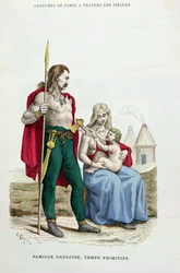 En gallisk familie i gamle dage, illustration fra "Costumes de Paris a Travers les Siecles" af H. Gourdon de Genouillac, graveret af A. Renard, 1879
