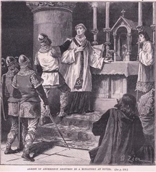 Arrestation af ærkebiskop Geoffrey i et kloster i Dover 1191 e.Kr.