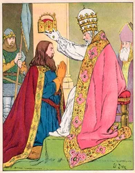 Karl den Store (742-814), kronet ved pave Leo 3. (ca. 750-816) i Peterskirken i Rom den 25. december 800 - Karl den Stores (742-814) indvielse (kroning) i 800 ved pave Leo 3. - illustration af François Zier (1856-1924) fra »Vor nationale hæder«