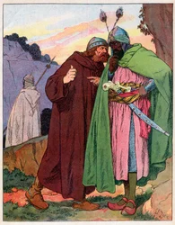 Ganelon rapporterer kejser Karl den Stores (742-814) ord til fjenden (Song de Roland) (Matter of France) - Illustration af Francois Zier (1856-1924) taget fra "" Nos-Gloriers-Nationales" omkring 1920