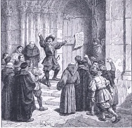 Robert Aske anbringer sin proklamation på døren til York Minster, fra Cassells History of the British People udgivet af Waverley Book Company, ca. 1950