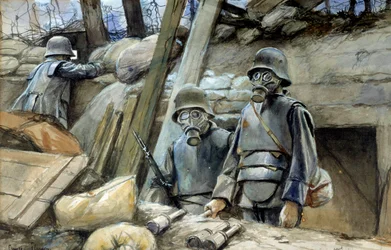 Første Verdenskrig: "" Tyske soldater med skyttegravsrustning og gasmaske, august 1917 "" Akvarelmaleri af Francois Flameng (1856-1923) Søn. 0,3x0,48 m Paris, Musee de l